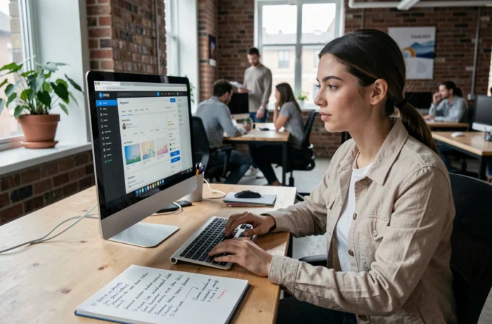 Jeune femme évaluant des alternatives sécurisées à des plateformes d'achat dans un espace de coworking
