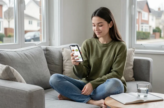 Jeune femme explorant un site de régimes alimentaires sur smartphone dans un salon minimaliste et lumineux