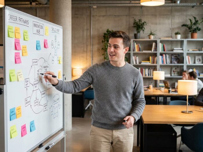 Jeune homme présentant son plan de carrière sur un tableau blanc dans un espace de co-working