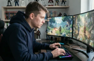 Jeune homme passionné de jeux vidéo concentré sur son setup gaming PC avec double écran affichant un RPG
