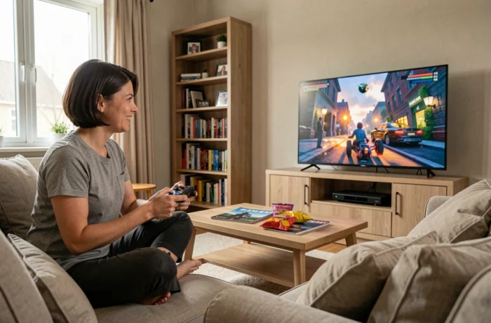 Femme joueuse de jeux vidéo console assise sur un canapé tenant une manette dans son salon