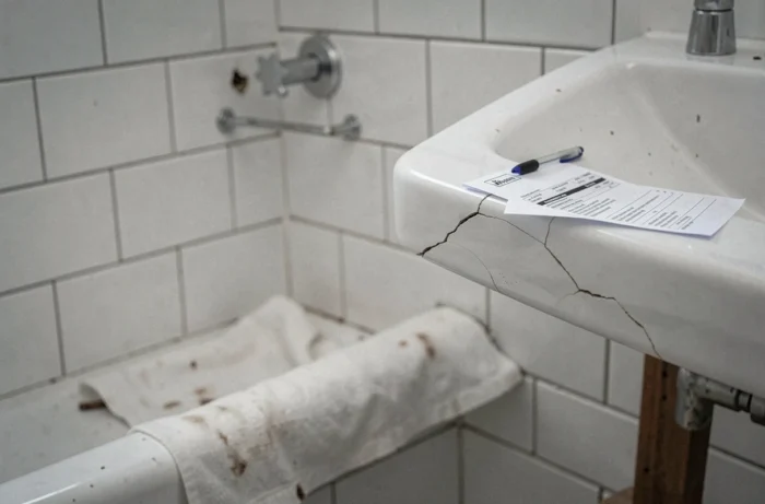 Détail d'un lavabo fissuré dans une salle de bain de location Airbnb avec une facture de dommages posée sur le bord, illustrant la procédure de réclamation