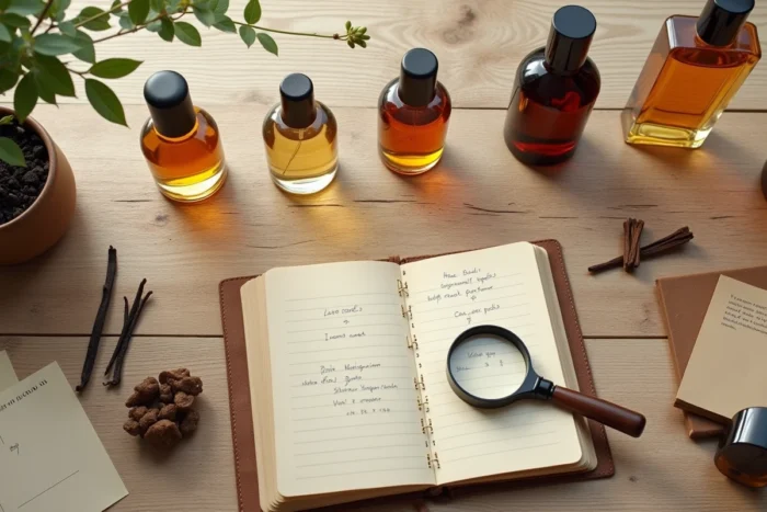 Disposition à plat de flacons de parfum avec des fiches olfactives et des matières premières botaniques pour choisir son parfum idéal