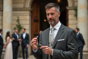 Homme élégant en costume devant une mairie française tenant une alliance, illustrant le mariage civil de Marc Toesca