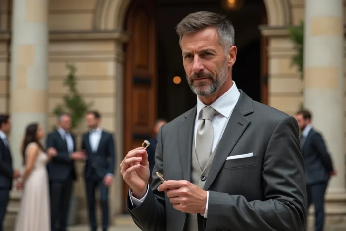 Homme élégant en costume devant une mairie française tenant une alliance, illustrant le mariage civil de Marc Toesca