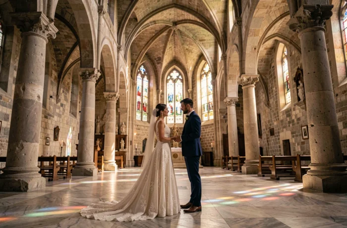 Couple européen échangeant leurs vœux dans une cathédrale en pierre toscane avec vitraux colorés, la mariée en robe de dentelle ivoire et le marié en costume marine