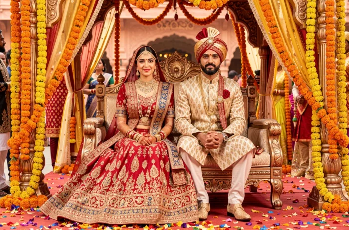 Couple indien lors d'une cérémonie de mariage rajasthani avec la mariée en lehenga rouge et le marié en sherwani brodé sous un mandap fleuri