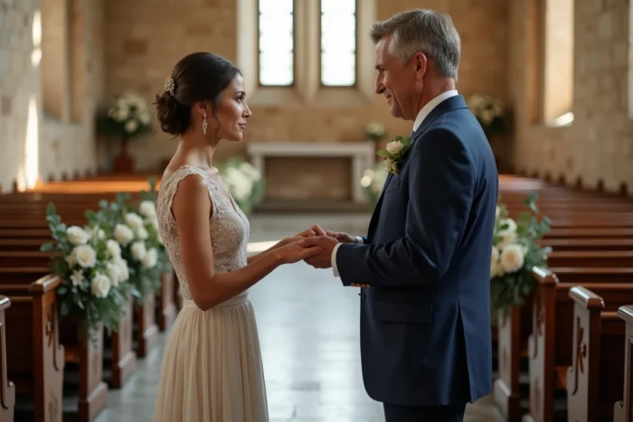 Couple échangeant des alliances dans une église en pierre lors d'un mariage religieux, évoquant le choix entre cérémonie civile et religieuse