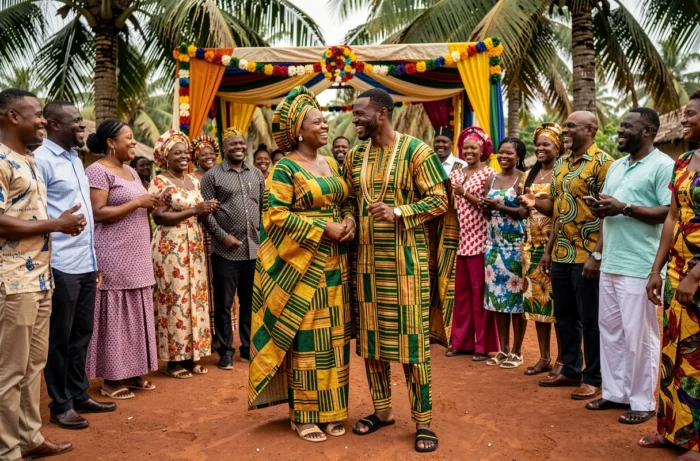 Couple ghanéen en tenue traditionnelle kente lors d'une célébration de mariage africain en plein air entouré de famille sous des palmiers