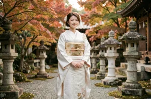 Mariée japonaise en kimono shiromuku blanc traditionnel dans un jardin de sanctuaire shinto avec lanternes en pierre et feuillage d'automne