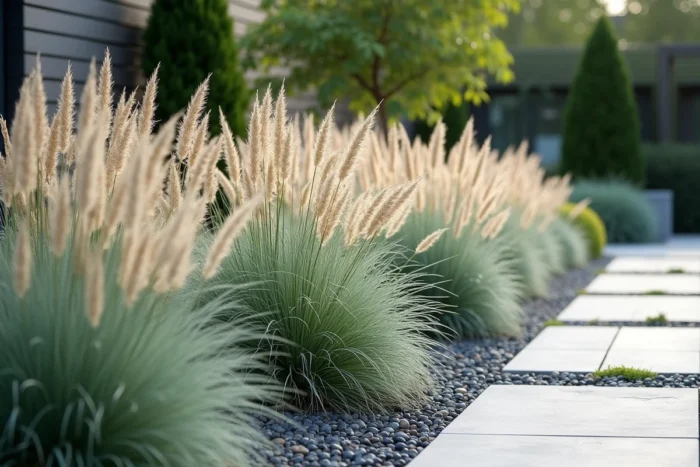 Massif de graminées ornementales en strate basse avec graviers minéraux dans un jardin design