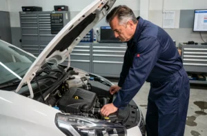 Mécanicien professionnel inspectant le moteur d'une Peugeot 208 blanche dans un garage automobile pour diagnostiquer le voyant clé à molette