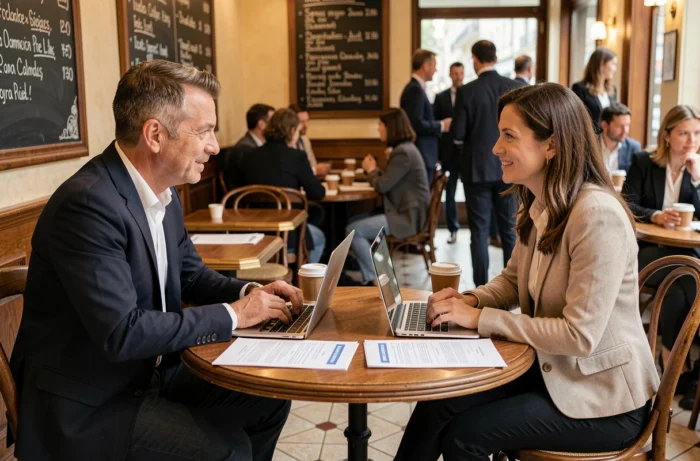 Réunion de mentorat entre deux professionnels en reconversion dans un café parisien avec CV et ordinateurs portables