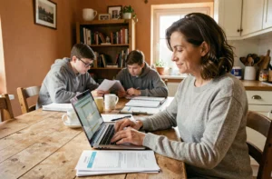 Mère de famille consultant des documents sur les allocations familiales à la maison avec ses adolescents en arrière-plan