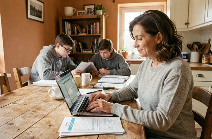 Mère de famille consultant des documents sur les allocations familiales à la maison avec ses adolescents en arrière-plan