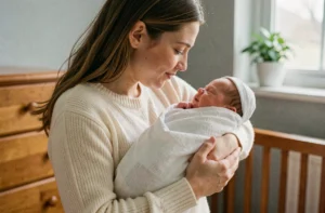 Jeune mère tenant tendrement son nouveau-né enveloppé dans une mousseline blanche dans une chambre de bébé chaleureuse