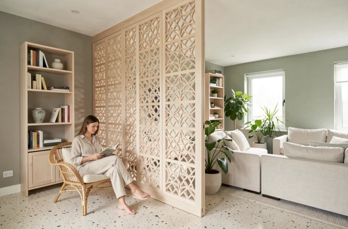 Séparation d'espace en bois frêne style moucharabieh dans un salon contemporain avec femme lisant dans un fauteuil