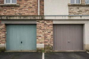 Mur mitoyen de garage entre deux maisons mitoyennes en zone pavillonnaire, montrant la limite de propriété sur la façade extérieure en brique