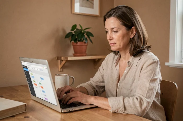 Femme naviguant facilement sur un plan de site web depuis son bureau à domicile
