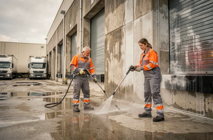 Équipe de nettoyeurs professionnels lavant à haute pression la façade extérieure d'un bâtiment industriel