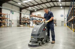 Nettoyeur professionnel utilisant une machine à récurer industrielle dans un grand entrepôt commercial
