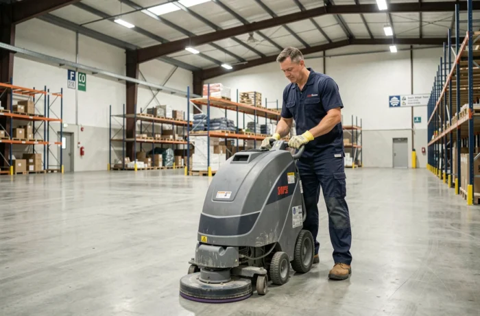 Nettoyeur professionnel utilisant une machine à récurer industrielle dans un grand entrepôt commercial