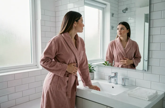 Femme en robe de chambre dans une salle de bain moderne se regardant dans le miroir avec la main sur le ventre, évoquant les douleurs et sensations liées à la nidation et à l'implantation de l'embryon