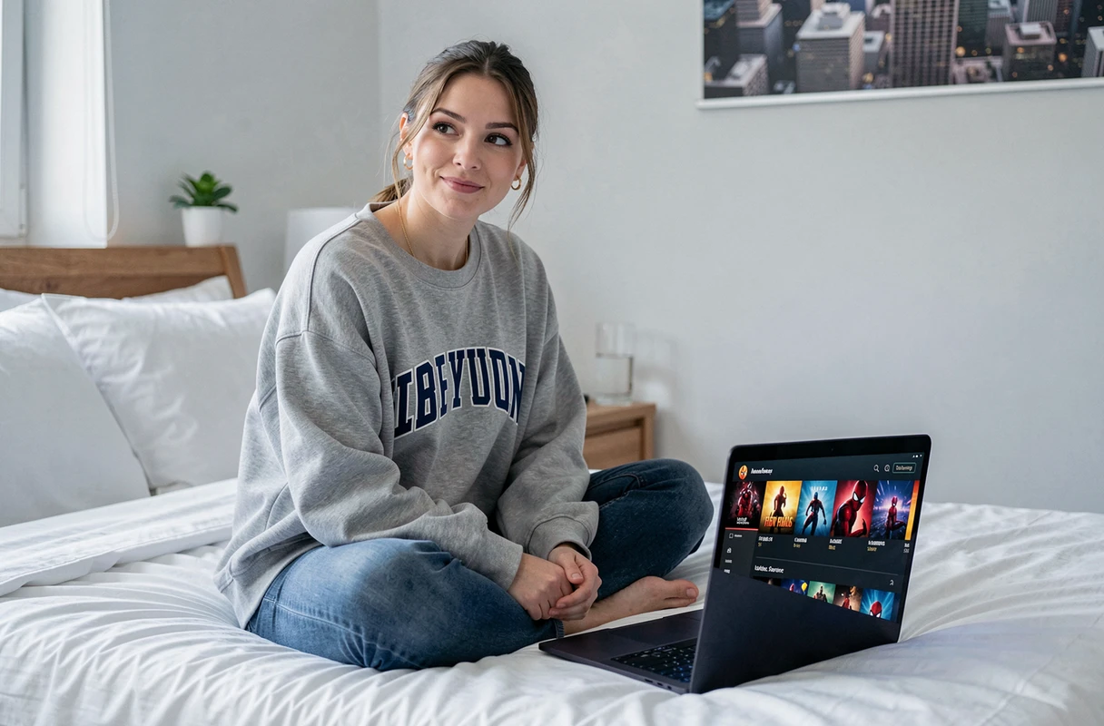 Femme consultant l'ordre chronologique des films Spider-Man Tom Holland sur un ordinateur portable en streaming