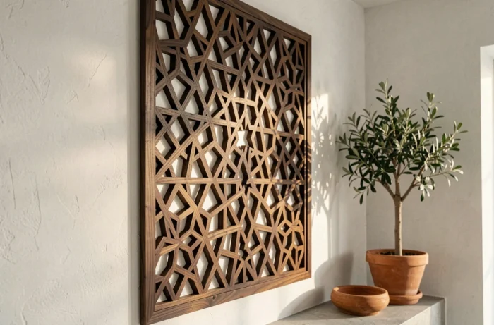Panneau moucharabieh en bois de noyer aux motifs géométriques étoilés fixé sur un mur intérieur blanc