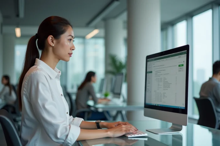 Femme paramétrant un client de messagerie avec les réglages IMAP Gmail dans un bureau professionnel en open space