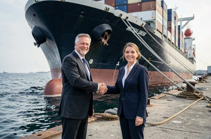 Deux professionnels du transport maritime se serrant la main devant un cargo amarré, illustrant un partenariat logistique fiable