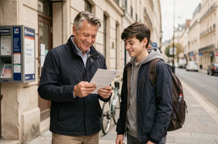 Père et adolescent devant un bâtiment administratif tenant une lettre concernant les allocations familiales