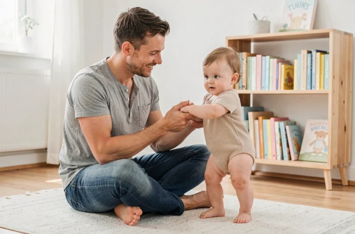 Père aidant son bébé de dix mois à faire ses premiers pas dans un intérieur de style scandinave lumineux