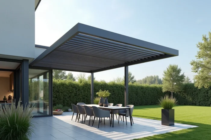 Pergola bioclimatique à lames orientables au-dessus d'une terrasse de jardin contemporain