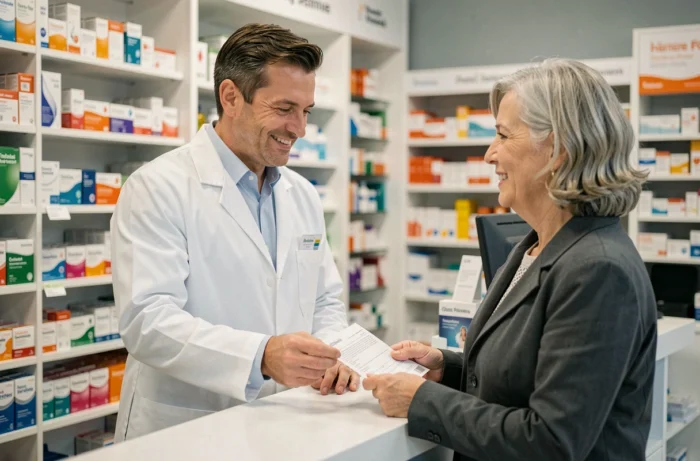 Pharmacien remettant une ordonnance à une cliente couverte par une mutuelle santé en 2024