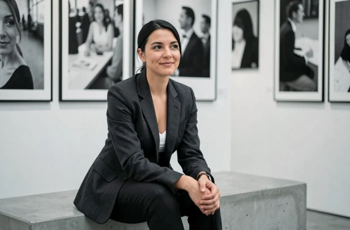 Femme photographe assise dans une galerie d'art contemporaine entourée de tirages grand format en noir et blanc