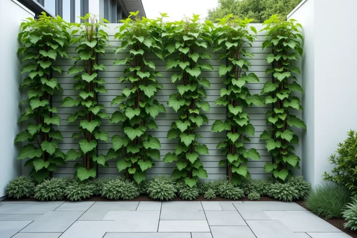 Plantes grimpantes guidées sur câbles inox tendus contre un mur blanc dans un jardin contemporain