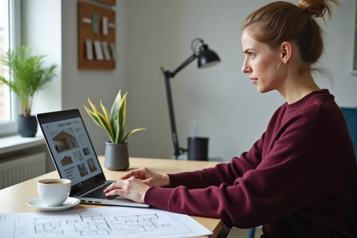 Femme consultant une plateforme en ligne de services de rénovation sur son ordinateur portable dans un bureau à domicile moderne