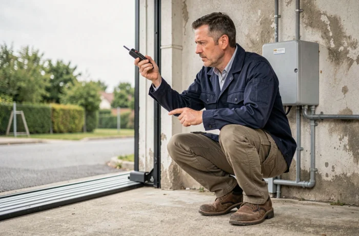 Technicien accroupi devant le moteur d'un portail coulissant automatique tenant une télécommande pour effectuer la programmation directement sur le récepteur
