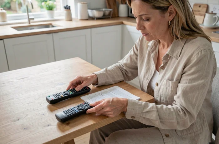 Femme programmant une télécommande de portail en suivant un manuel d'instructions posé sur une table de cuisine avec les deux télécommandes côte à côte