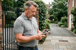 Homme tenant deux télécommandes de portail et comparant les boutons pour programmer l'une à partir de l'autre devant un portail résidentiel en fer