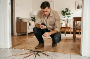 Propriétaire Airbnb constatant des dégradations sur le parquet d'un appartement de location et photographiant les dommages avec son smartphone