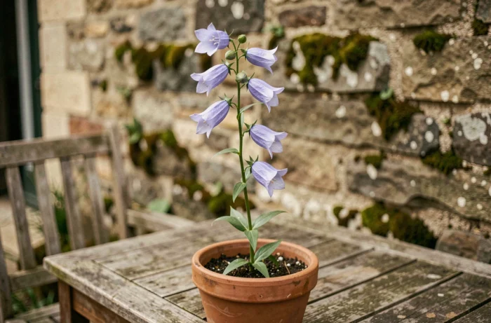 Tige de raiponce en fleurs dans un pot en terre cuite sur une table en bois de jardin