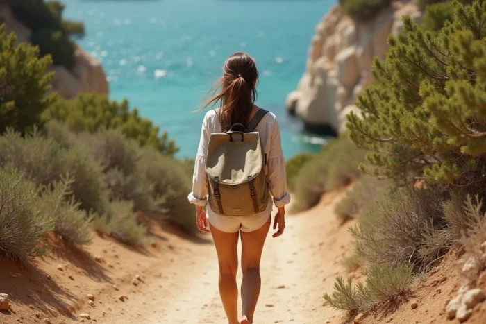 Randonneuse explorant le sentier rocheux menant à la plage préservée de Cala Tavallera en Espagne