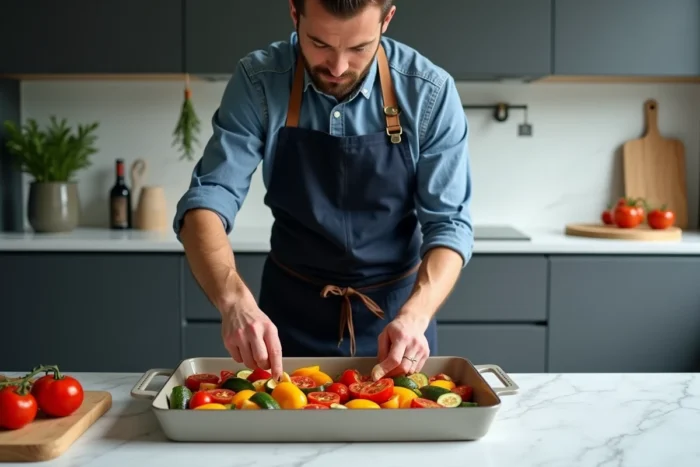 Homme arrangeant des légumes rôtis colorés dans un plat en céramique sur un plan de travail en marbre moderne