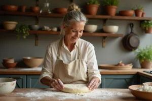 Femme préparant des pâtes fraîches maison dans une cuisine rustique avec plan de travail en bois fariné