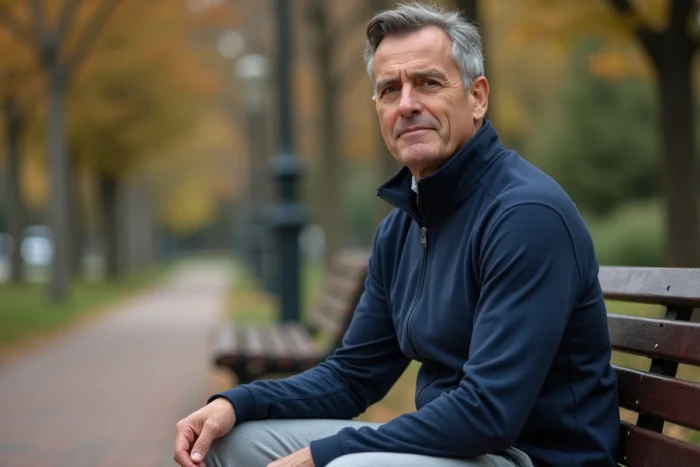 Homme en tenue sportive assis sur un banc de parc en phase de récupération après une infiltration articulaire, expression de soulagement progressif