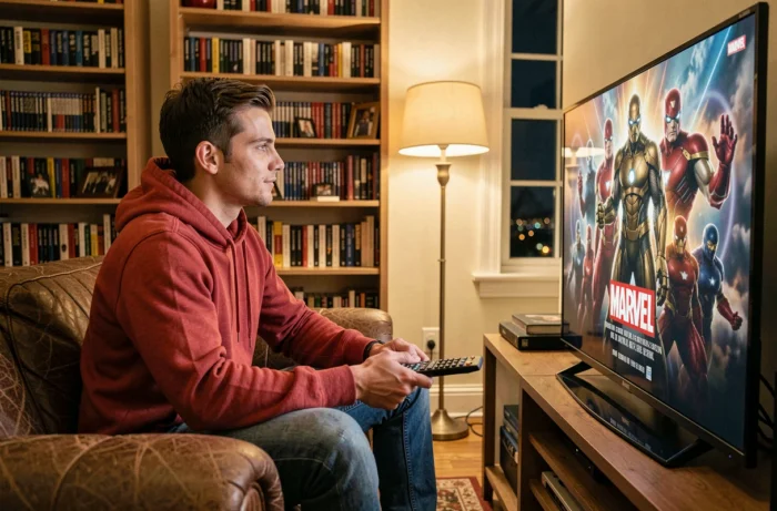 Jeune homme regardant un film Spider-Man de Tom Holland sur sa télévision dans un salon confortable