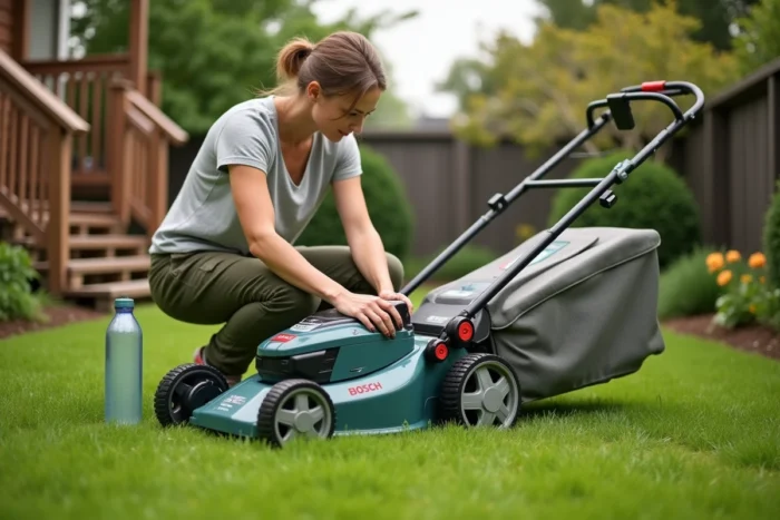 Femme réglant la hauteur de coupe de la tondeuse Bosch AdvancedRotak 770 dans un jardin familial