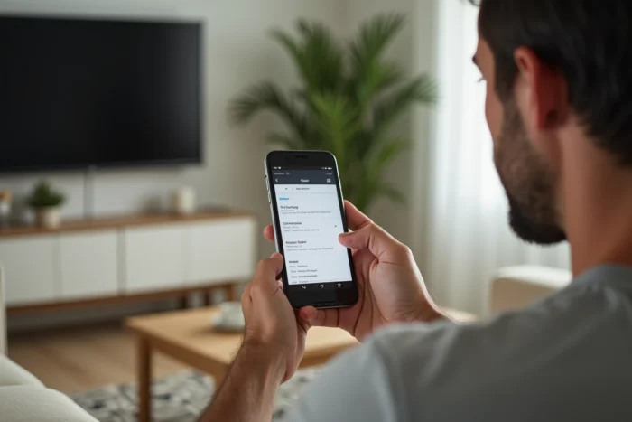 Homme consultant les paramètres IMAP Gmail sur smartphone depuis son canapé à domicile